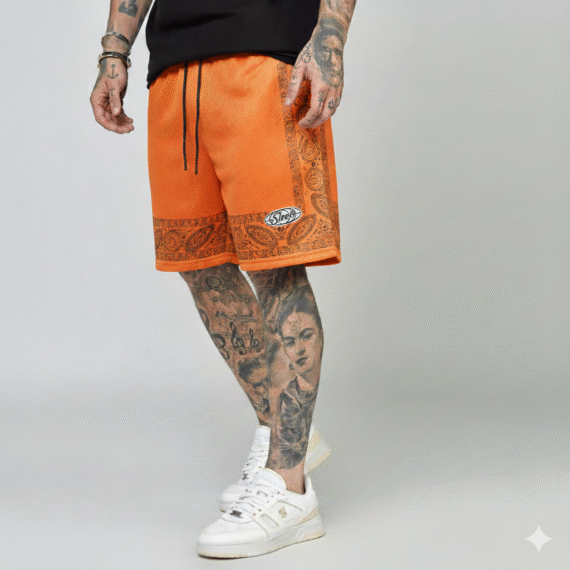 Sleek Orange Print Mesh Short